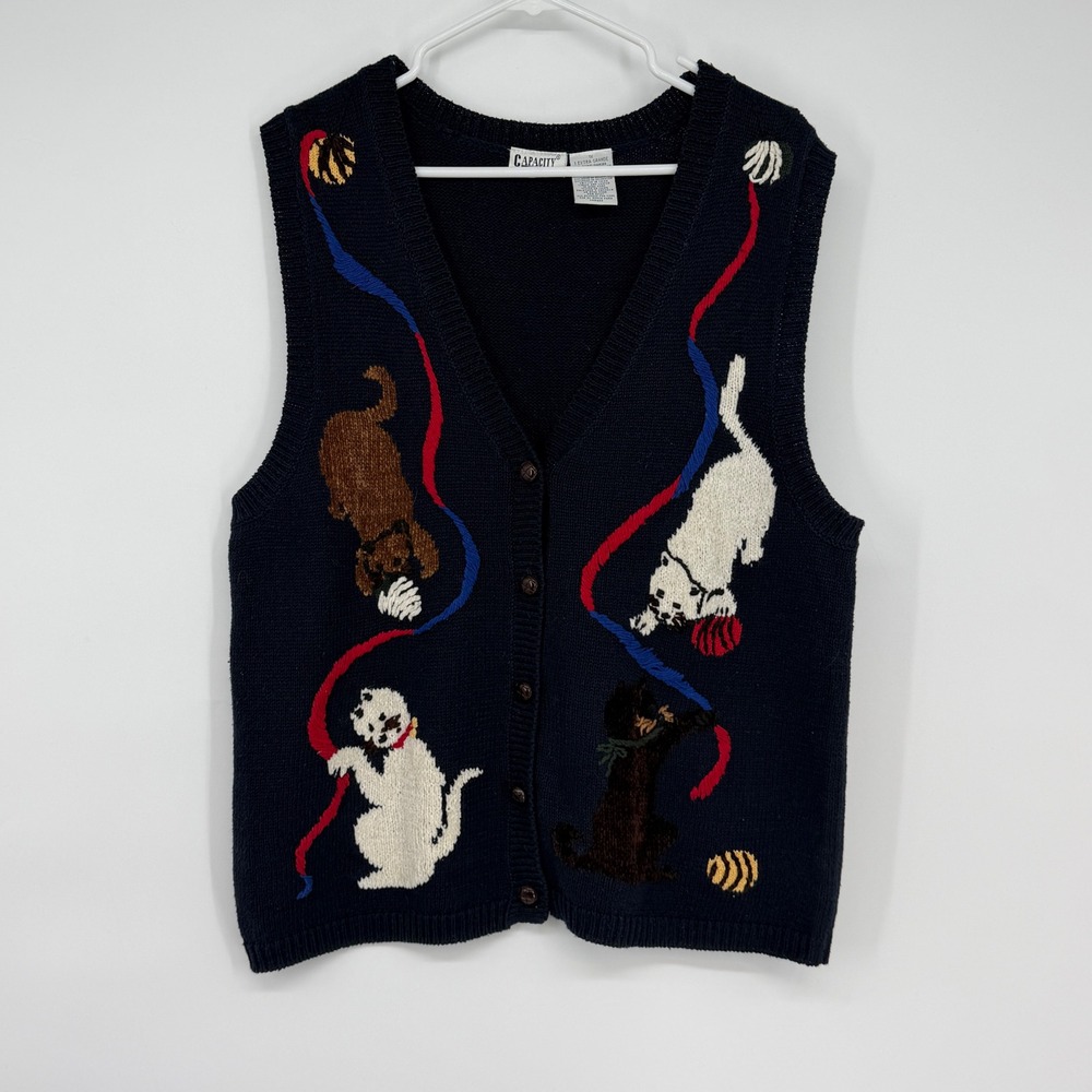 Vintage Navy Blue Cat Kitten Yarn‎ Knit Button Front Sweater Vest 1X Novelty